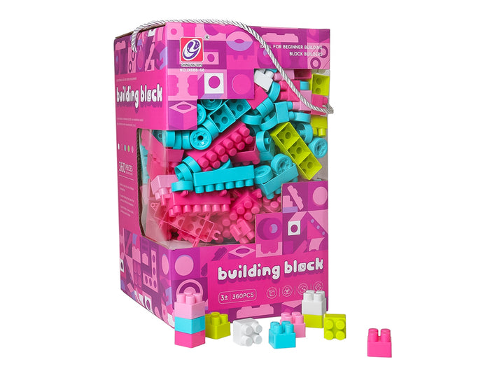 Set de 360 piezas de bloques de construcción multicolores en empaque rosa con asa blanca.