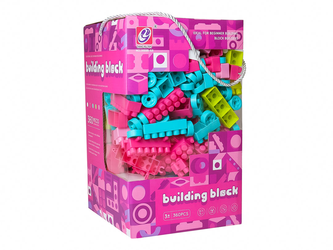 Set de 360 piezas de bloques de construcción multicolores en empaque rosa con asa blanca.