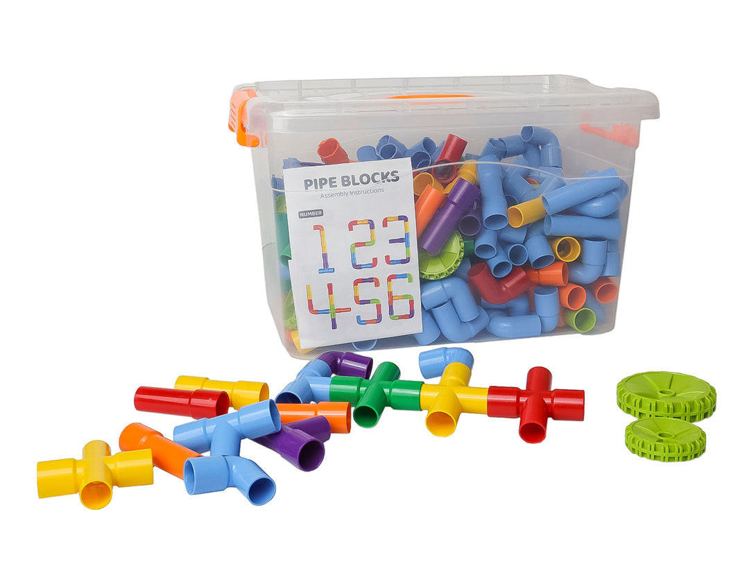 Set de 220 piezas de bloques de construcción tipo tubo en colores variados dentro de un contenedor plástico transparente.
