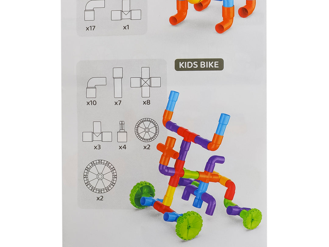 Set de 220 piezas de bloques de construcción tipo tubo en colores variados dentro de un contenedor plástico transparente.