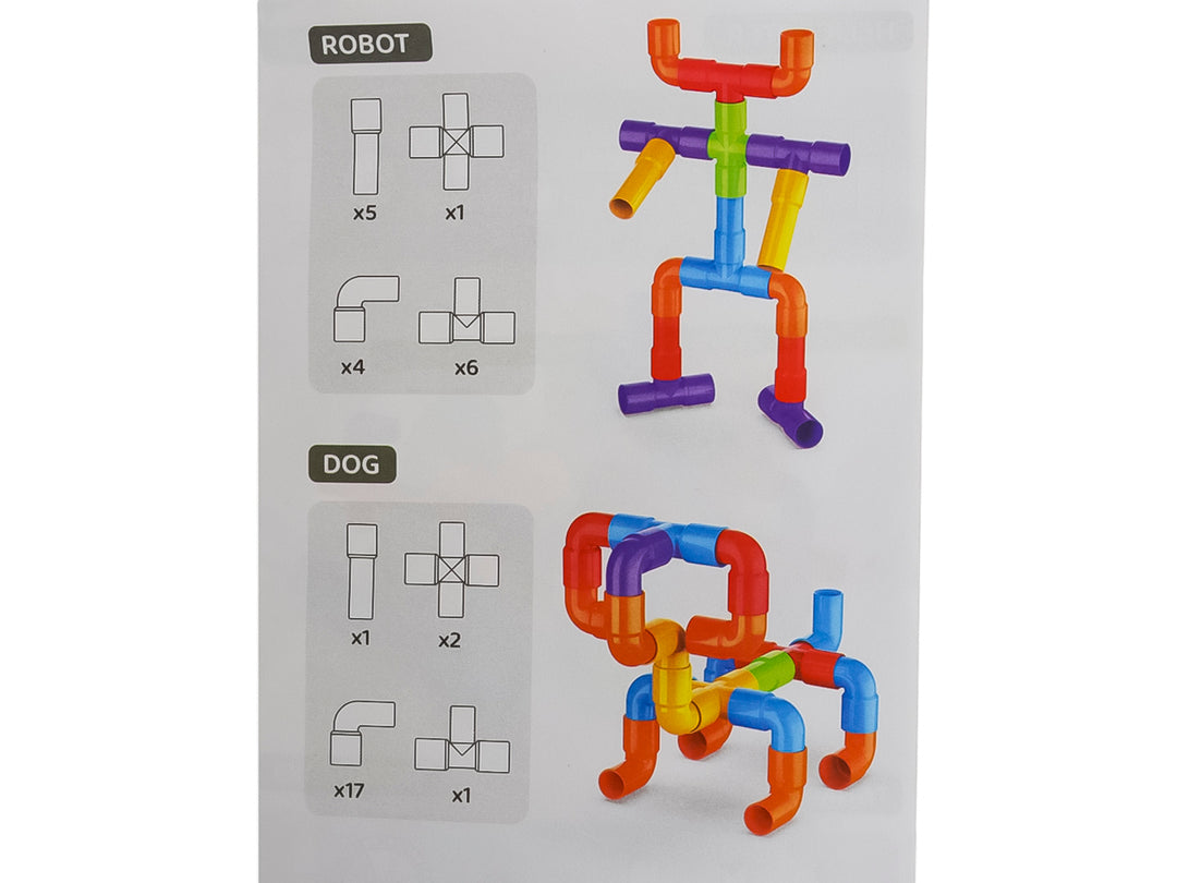 Set de 220 piezas de bloques de construcción tipo tubo en colores variados dentro de un contenedor plástico transparente.