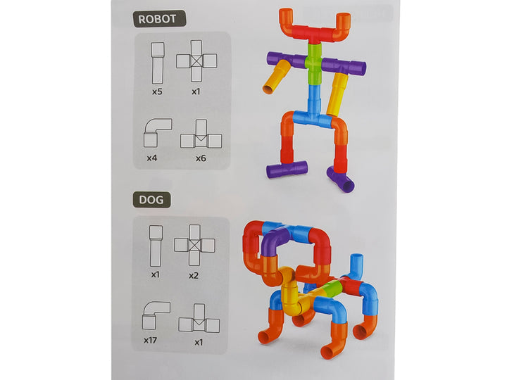 Set de 220 piezas de bloques de construcción tipo tubo en colores variados dentro de un contenedor plástico transparente.