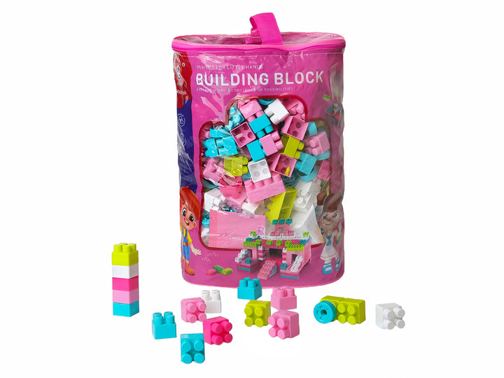 Set de 360 piezas de bloques de construcción multicolores en una bolsa rosa con asa.
