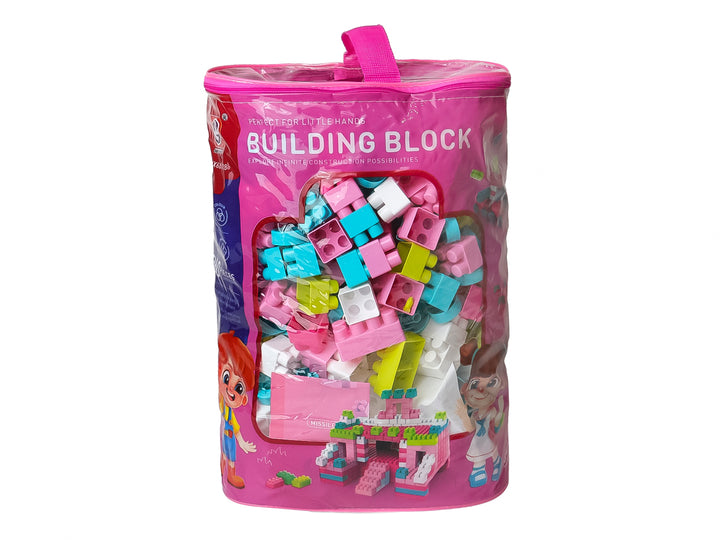 Set de 360 piezas de bloques de construcción multicolores en una bolsa rosa con asa.