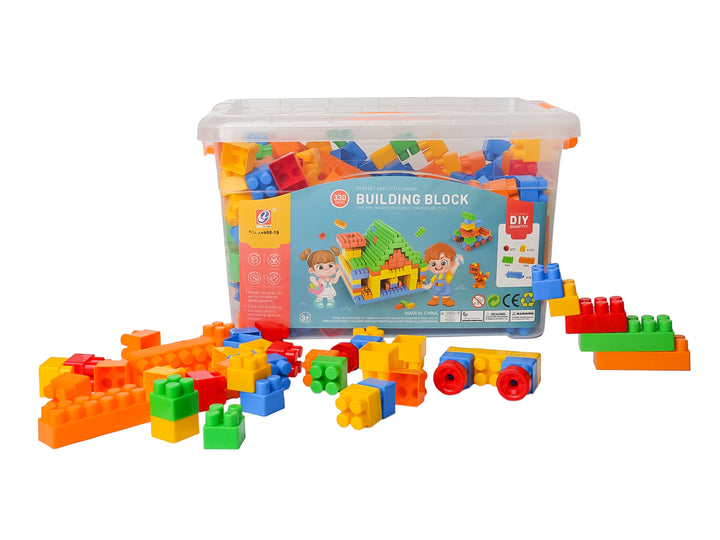 Set de 330 piezas de bloques de construcción multicolores en un contenedor plástico transparente de Kelder Toys.