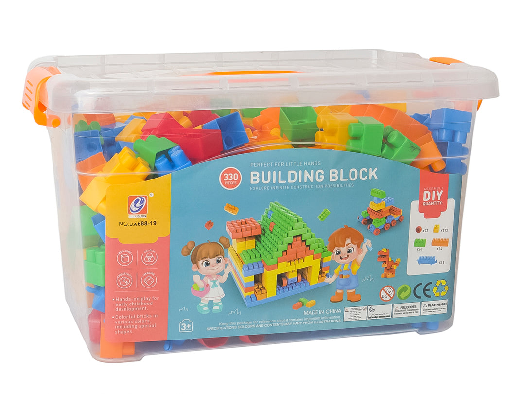 Set de 330 piezas de bloques de construcción multicolores en un contenedor plástico transparente de Kelder Toys.