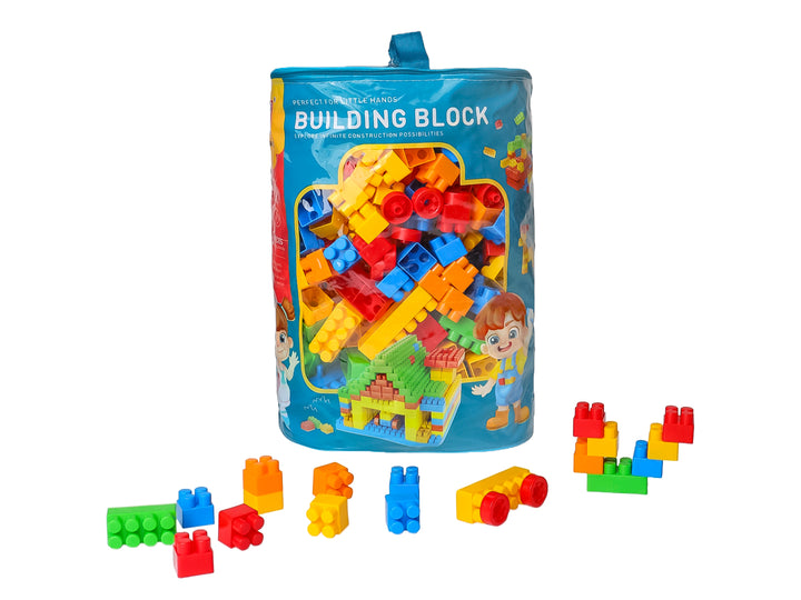 Set de 360 piezas de bloques de construcción multicolores en un contenedor azul cilíndrico.