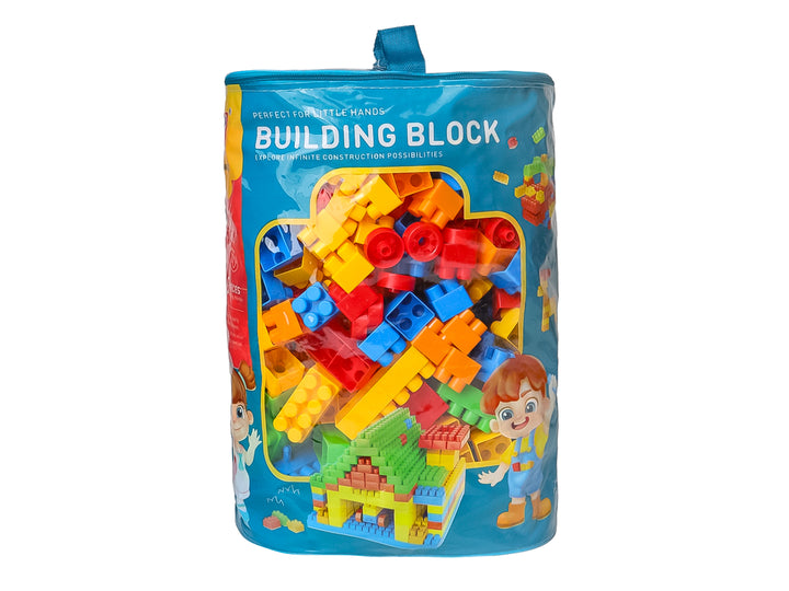 Set de 360 piezas de bloques de construcción multicolores en un contenedor azul cilíndrico.