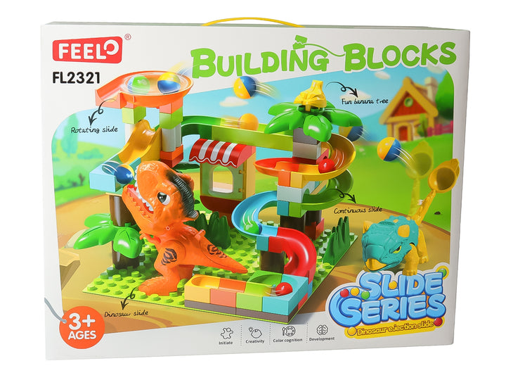 Set de bloques de construcción multicolores con toboganes y figuras de dinosaurios para niños.