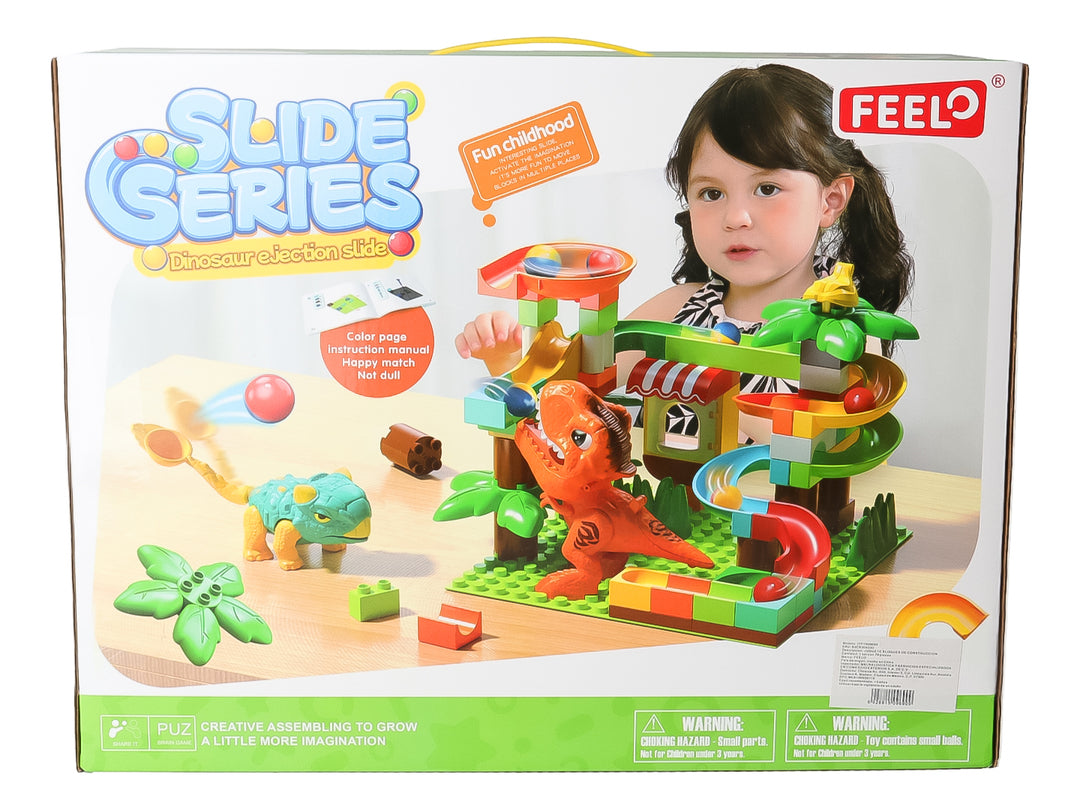 Set de bloques de construcción multicolores con toboganes y figuras de dinosaurios para niños.