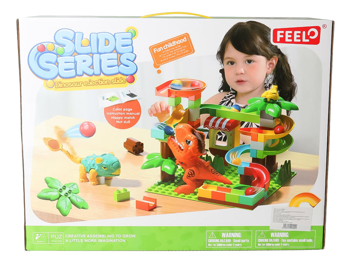 Set de bloques de construcción multicolores con toboganes y figuras de dinosaurios para niños.
