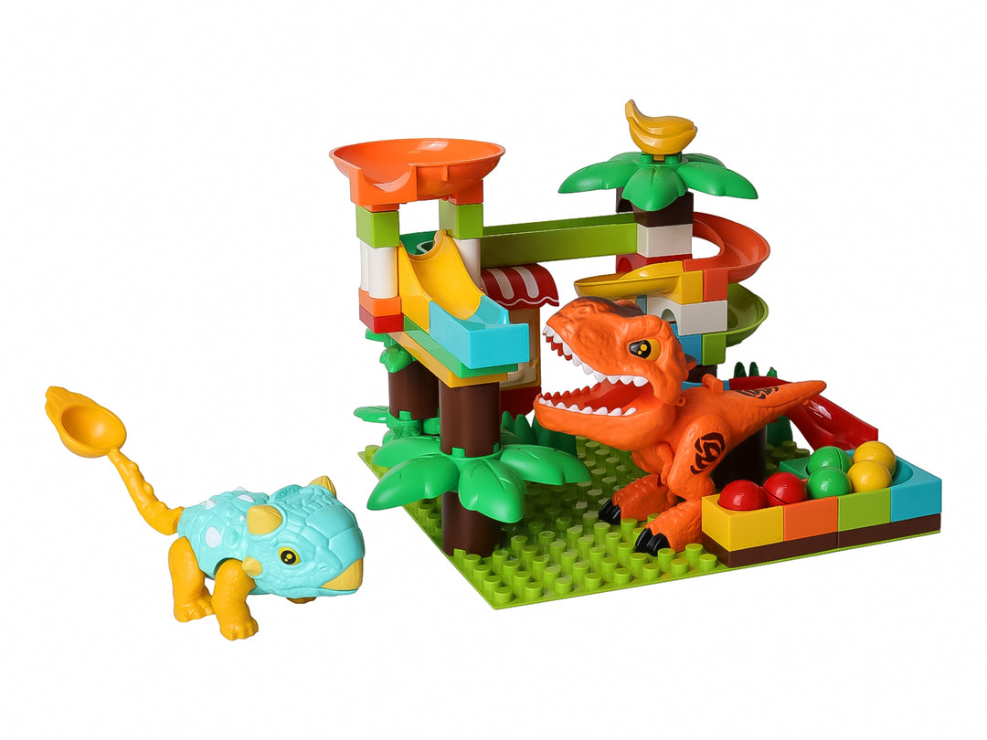 Set de bloques de construcción multicolores con toboganes y figuras de dinosaurios para niños.