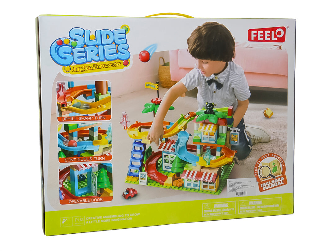 Set de bloques de construcción multicolor con pista para autos, casa y accesorios decorativos.