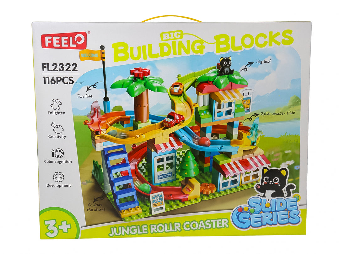 Set de bloques de construcción multicolor con pista para autos, casa y accesorios decorativos.
