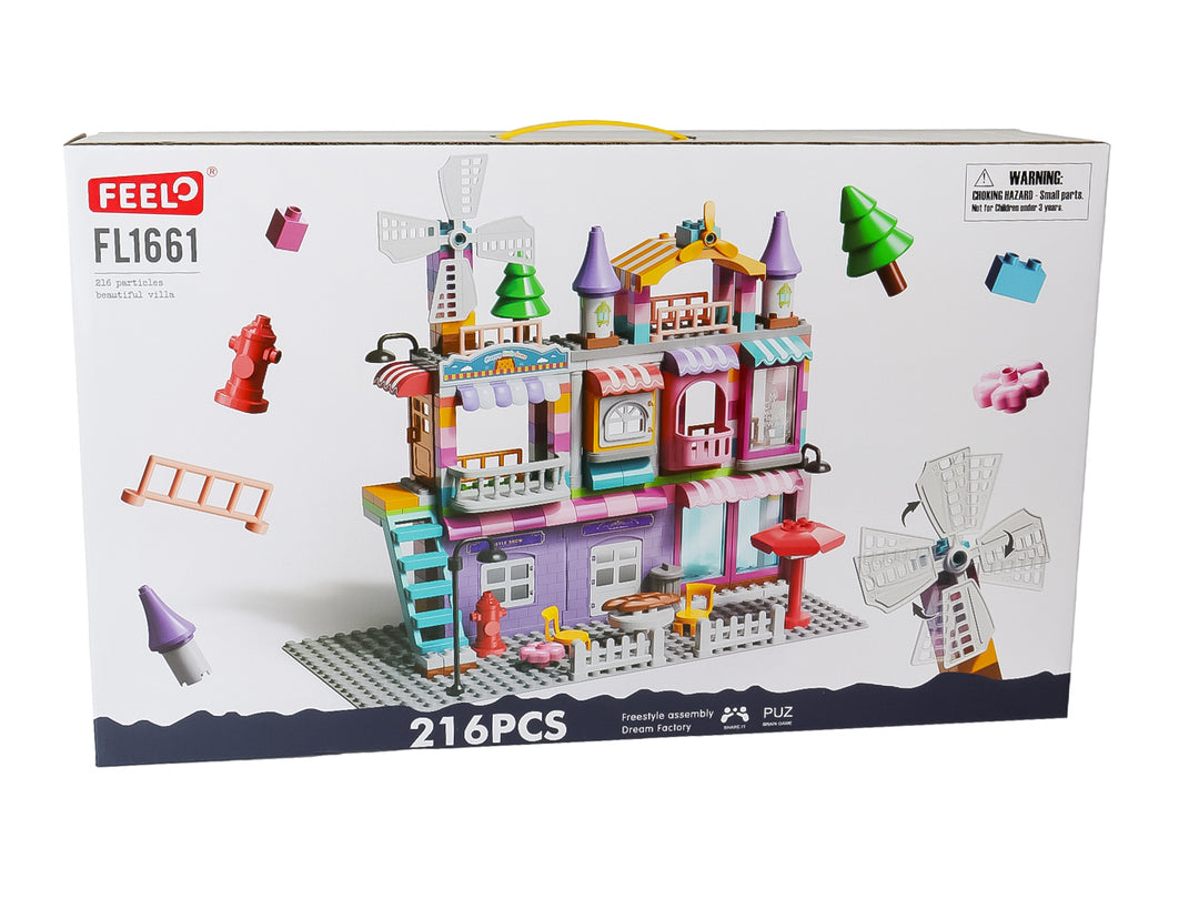 Set de bloques de construcción multicolor que forma una casa de juguete con molino y accesorios.