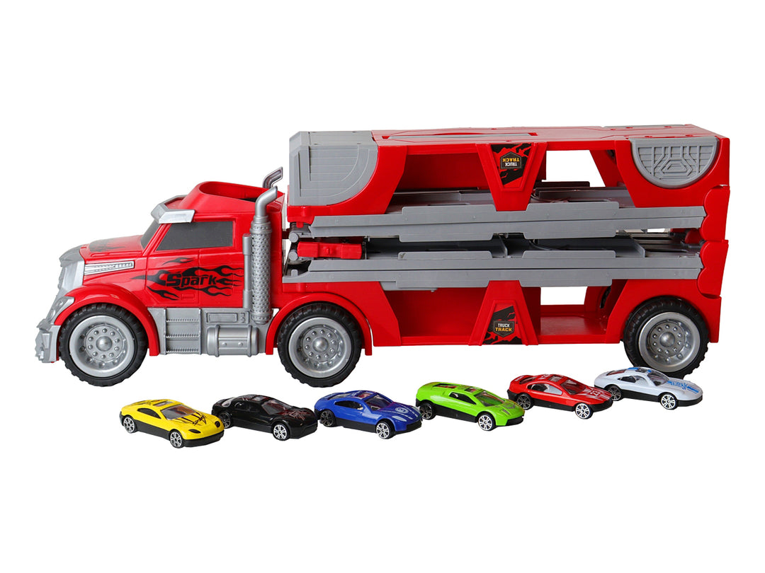 Camión transportador de juguetes color rojo con seis autos pequeños de diversos colores al frente.