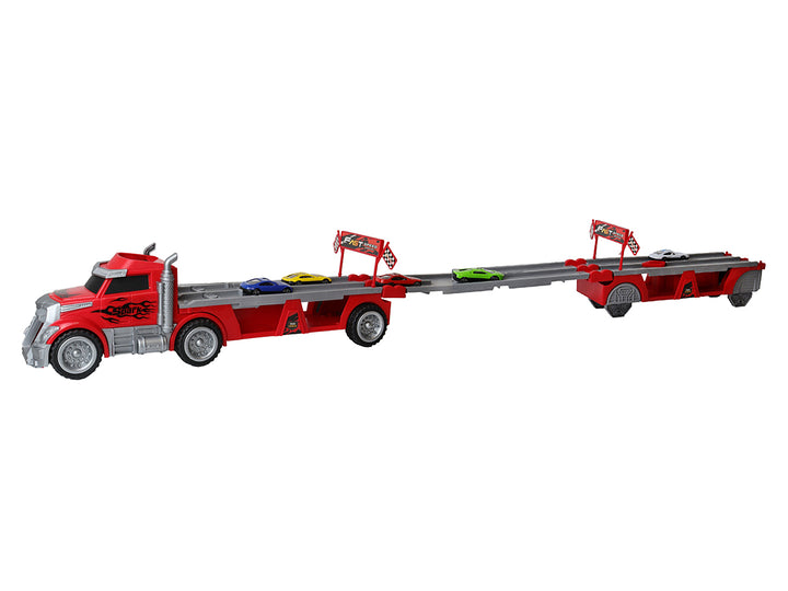 Camión transportador de juguetes color rojo con seis autos pequeños de diversos colores al frente.