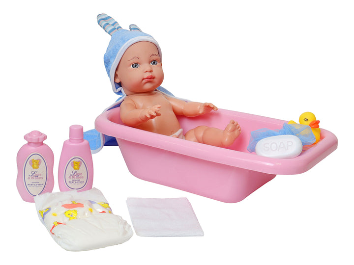 Set de juguete KELDER TOYS con muñeco bebé, tina rosa, gorro azul y accesorios de aseo.