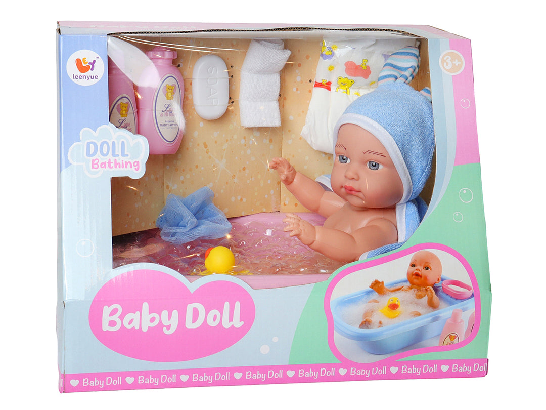 Set de juguete KELDER TOYS con muñeco bebé, tina rosa, gorro azul y accesorios de aseo.