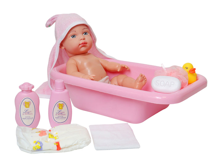 Set de juguete de muñeco bebé en bañera rosa con accesorios como toalla, jabón y patito amarillo.