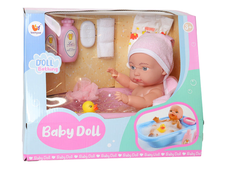 Set de juguete de muñeco bebé en bañera rosa con accesorios como toalla, jabón y patito amarillo.