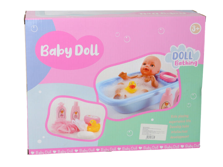 Set de juguete de muñeco bebé en bañera rosa con accesorios como toalla, jabón y patito amarillo.
