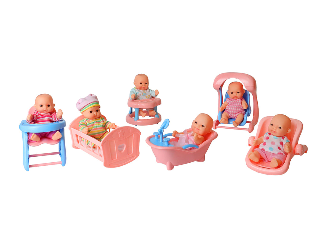 Set de muñecos bebés con accesorios en colores rosa y azul, incluyendo cuna, bañera y columpio.