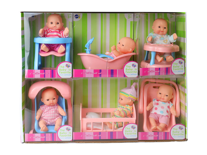 Set de muñecos bebés con accesorios en colores rosa y azul, incluyendo cuna, bañera y columpio.