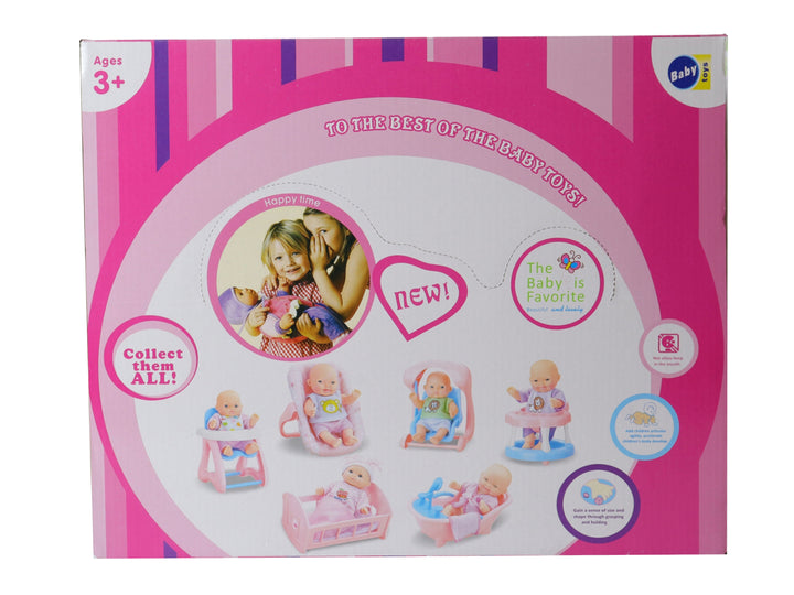 Set de muñecos bebés con accesorios en colores rosa y azul, incluyendo cuna, bañera y columpio.