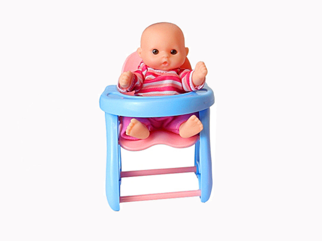 Set de muñecos bebés con accesorios en colores rosa y azul, incluyendo cuna, bañera y columpio.