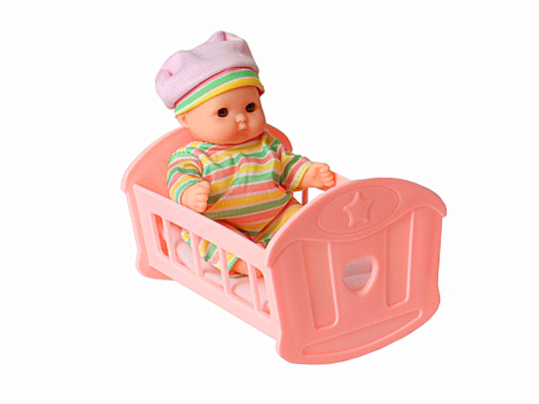 Set de muñecos bebés con accesorios en colores rosa y azul, incluyendo cuna, bañera y columpio.