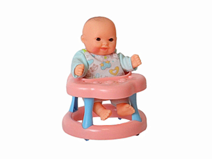 Set de muñecos bebés con accesorios en colores rosa y azul, incluyendo cuna, bañera y columpio.