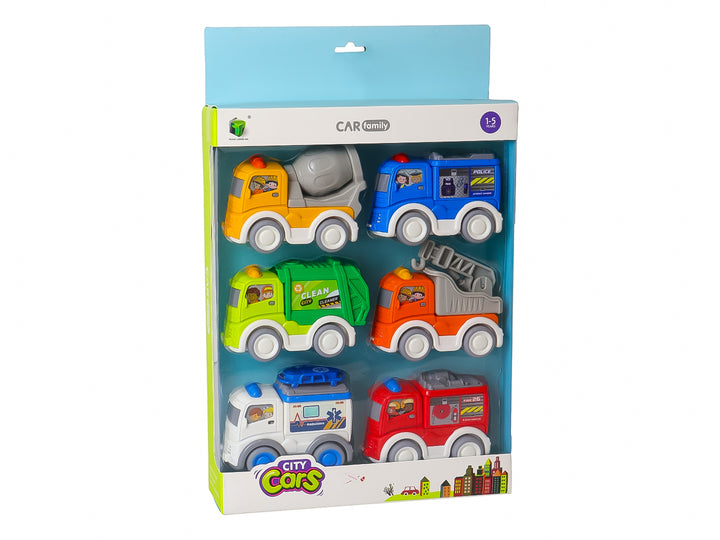 Set de 6 vehículos de juguete multicolores en empaque transparente de la marca Kelder Toys.