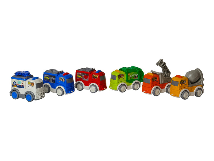 Set de 6 vehículos de juguete multicolores en empaque transparente de la marca Kelder Toys.