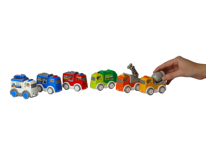 Set de 6 vehículos de juguete multicolores en empaque transparente de la marca Kelder Toys.