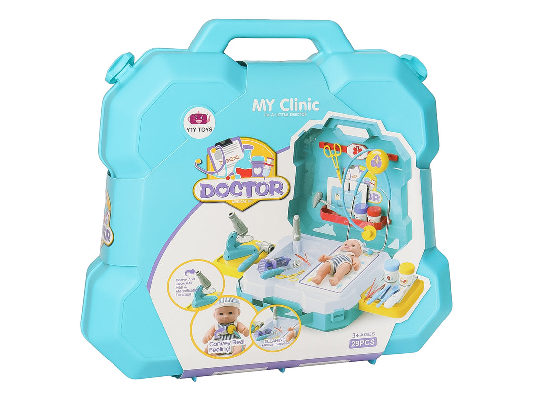 Set de juguete de doctor en maletín color azul con accesorios y muñeco bebé, marca Kelder Toys.