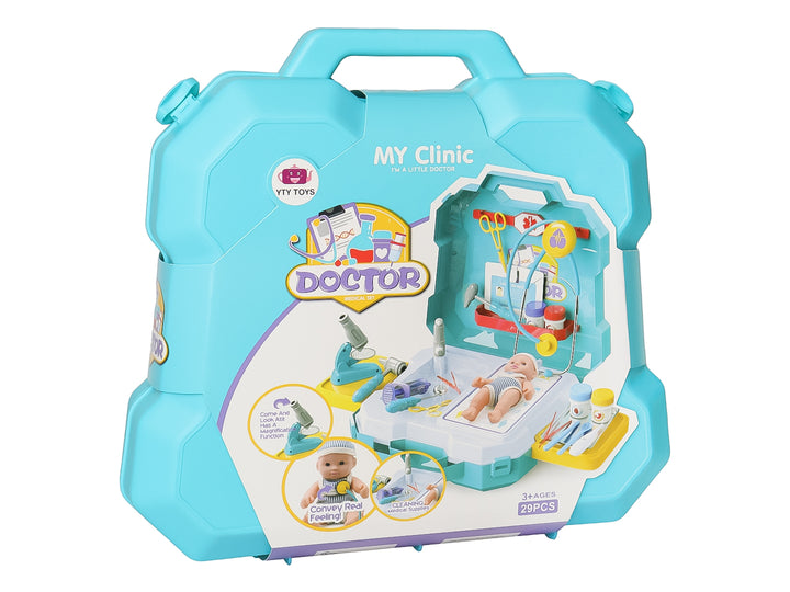 Set de juguete de doctor en maletín color azul con accesorios y muñeco bebé, marca Kelder Toys.