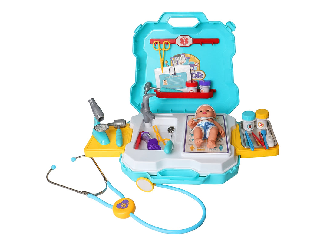Set de juguete de doctor en maletín color azul con accesorios y muñeco bebé, marca Kelder Toys.