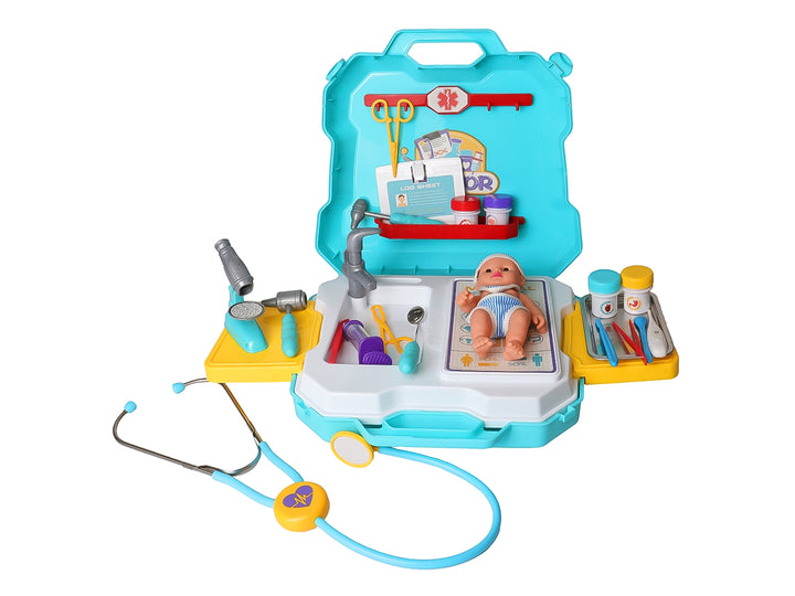 Set de juguete de doctor en maletín color azul con accesorios y muñeco bebé, marca Kelder Toys.