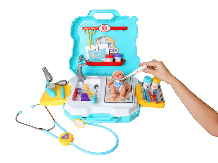 Set de juguete de doctor en maletín color azul con accesorios y muñeco bebé, marca Kelder Toys.