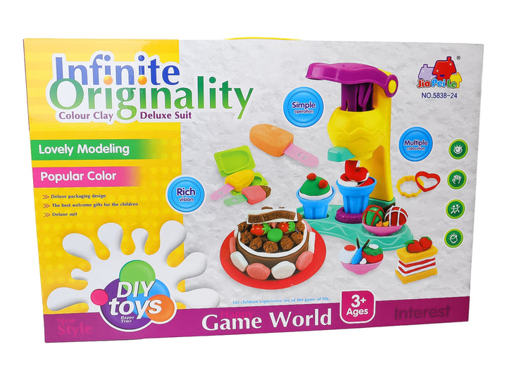 Set de juego de masa moldeable con extrusora y moldes en caja multicolor.