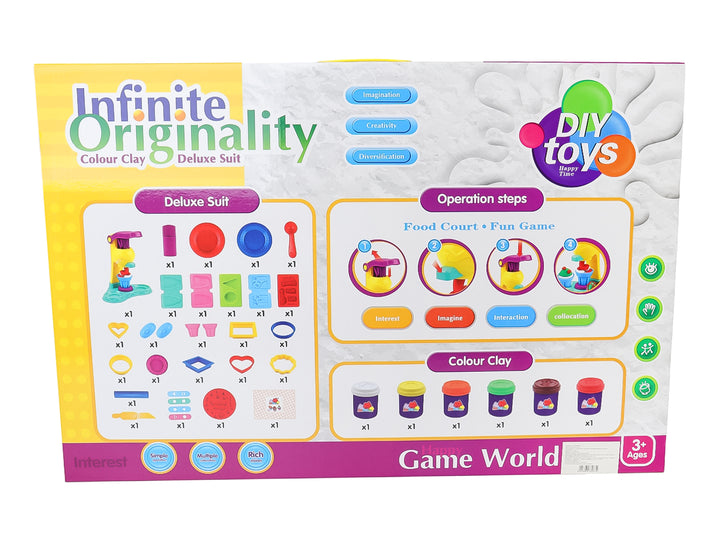 Set de juego de masa moldeable con extrusora y moldes en caja multicolor.