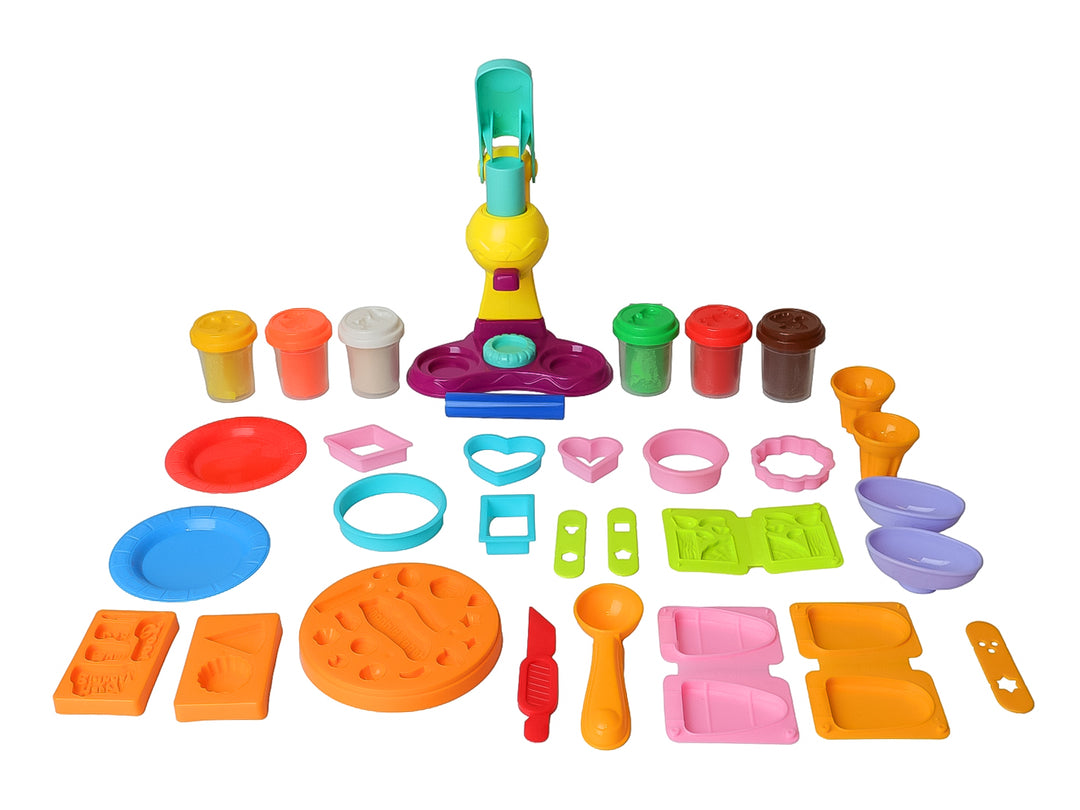 Set de juego de masa moldeable con extrusora y moldes en caja multicolor.