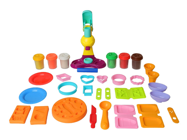 Set de juego de masa moldeable con extrusora y moldes en caja multicolor.