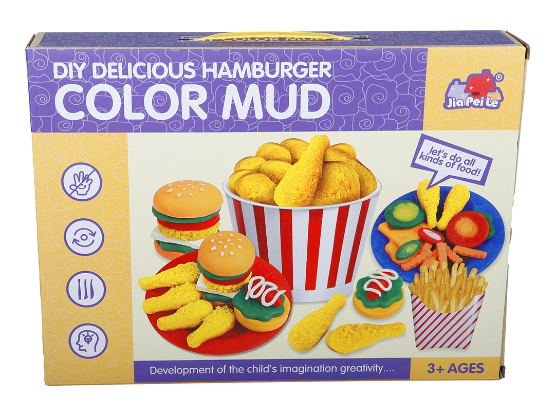 Caja de juego de masa moldeable DIY Delicious Hamburger Color Mud con figuras de comida rápida coloridas.