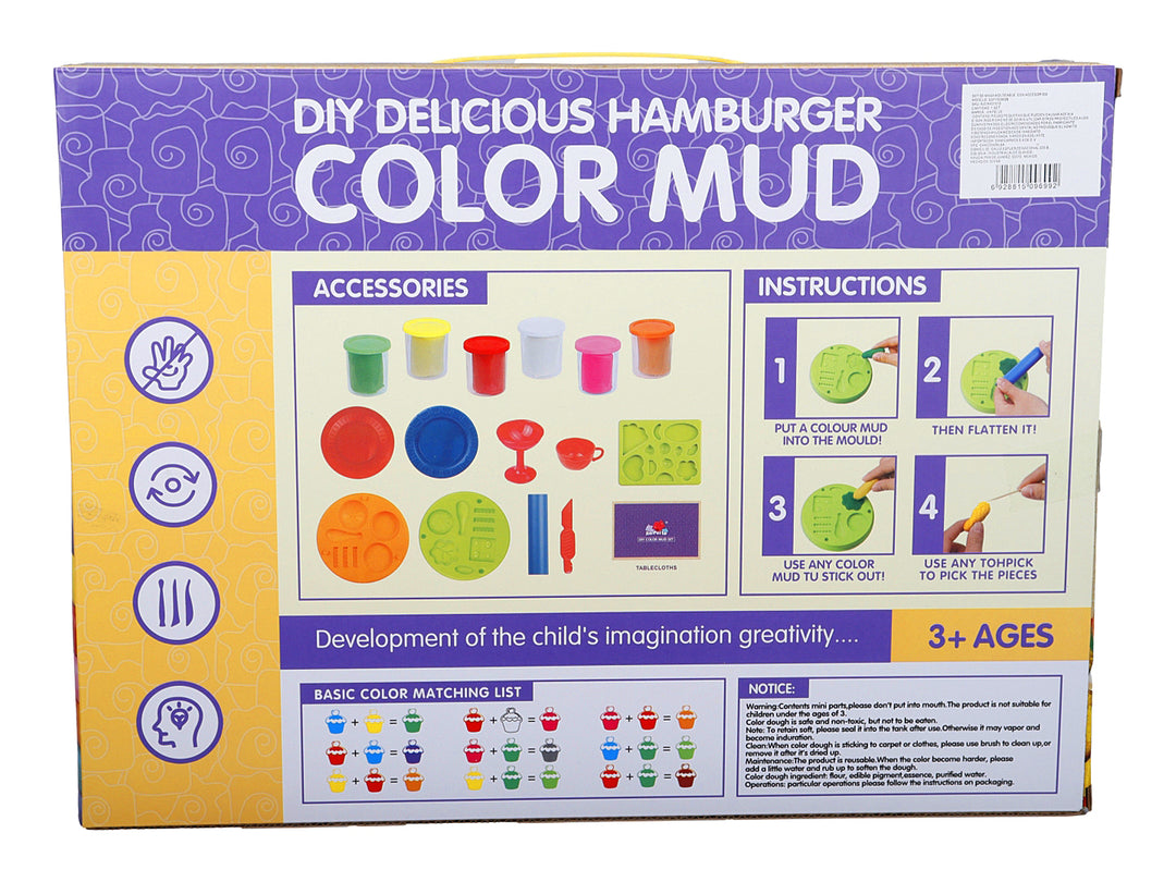 Caja de juego de masa moldeable DIY Delicious Hamburger Color Mud con figuras de comida rápida coloridas.