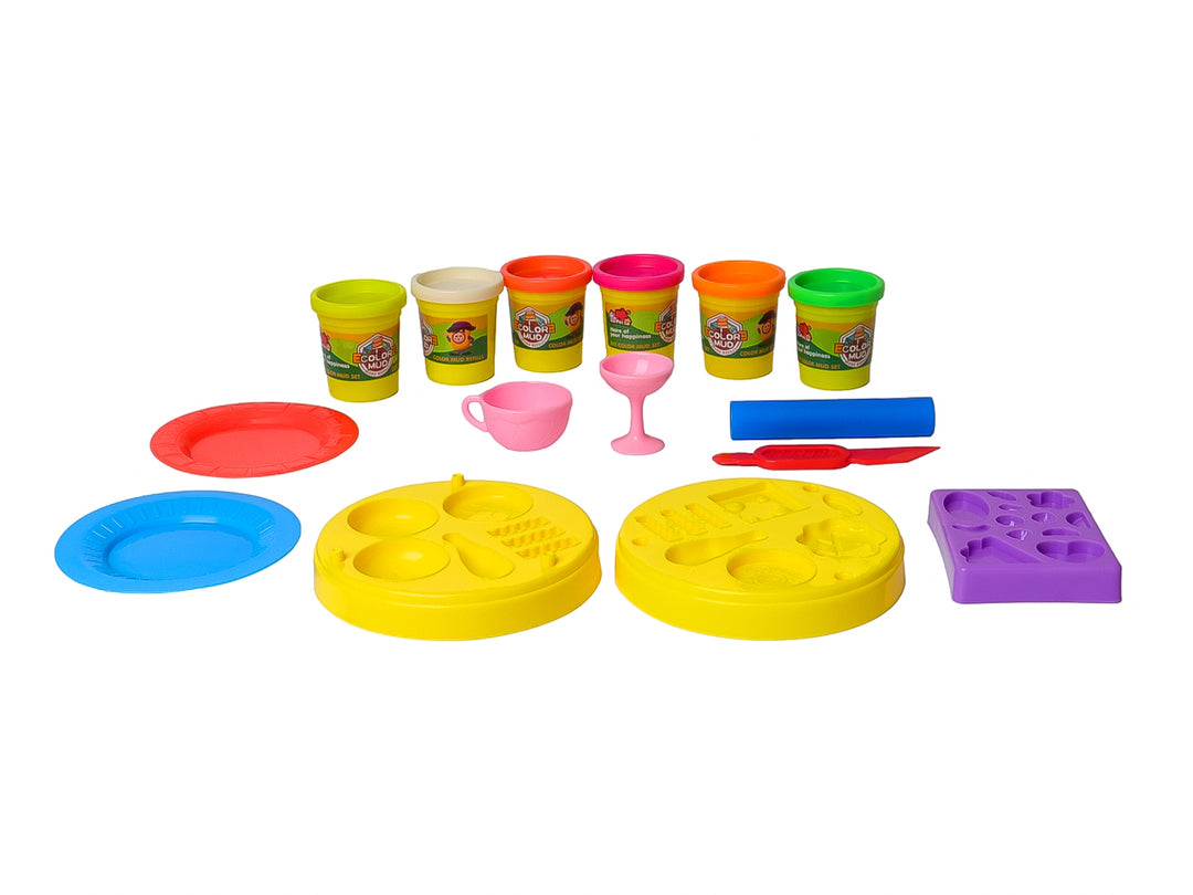 Caja de juego de masa moldeable DIY Delicious Hamburger Color Mud con figuras de comida rápida coloridas.