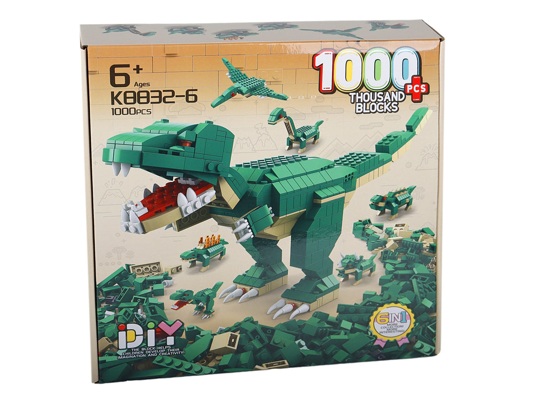 Caja de juguete de bloques de construcción con un dinosaurio T-Rex verde armado y 1000 piezas.