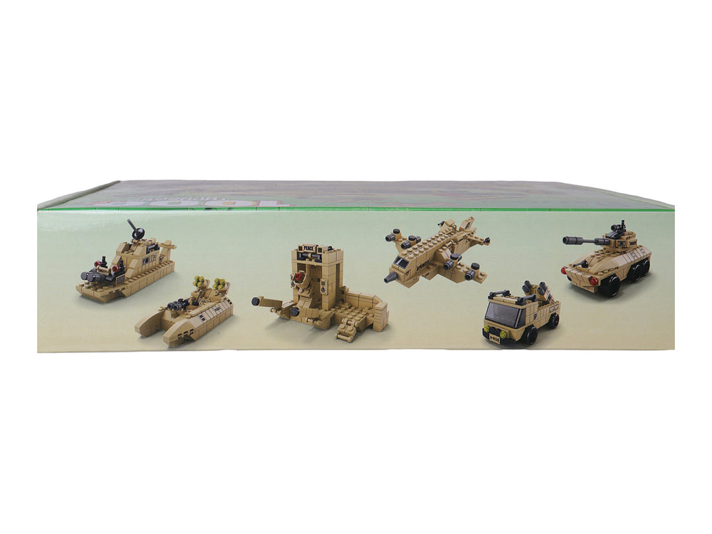 Caja de juguete de bloques de construcción con un tanque militar beige y negro de 1000 piezas.