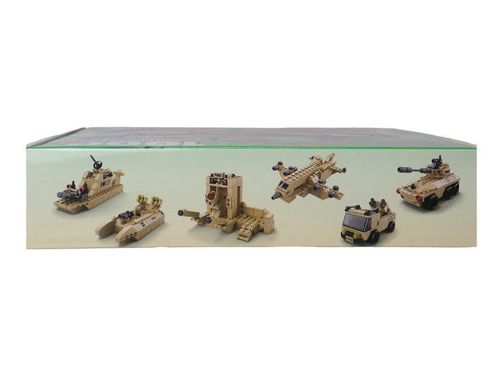 Caja de juguete de bloques de construcción con un tanque militar beige y negro de 1000 piezas.